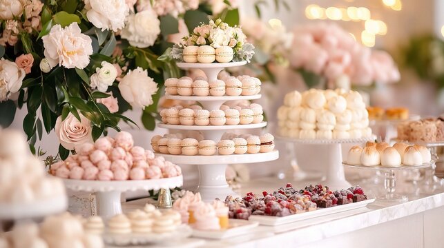 Elegant Wedding Dessert Table with Macarons and Petit Fours