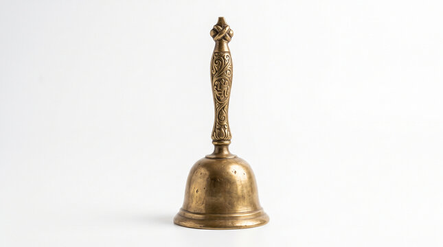 A vintage brass hand bell isolated on a plain white background.