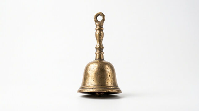 A vintage brass hand bell isolated on a plain white background.