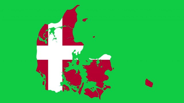 Denmark map pop animation with flag colors and green background