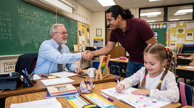 Meeting between a teacher and a parent in a classroom of young students during a school day