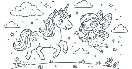 Abstract Unicorn and Fairy Friends: A whimsical illustration of a magical unicorn with a flowing mane and a tiny, winged fairy with a star wand. © Kaosar