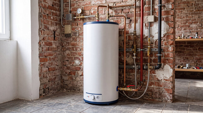 Water heater installed next to exposed brick wall in a room with tiled floor and visible pipes