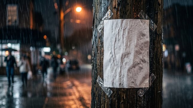 Blank wet paper poster taped to wooden utility pole in rain at night for missing person flyer mockups