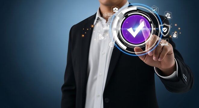 Businessperson points at digital validation symbol with surrounding interface icons