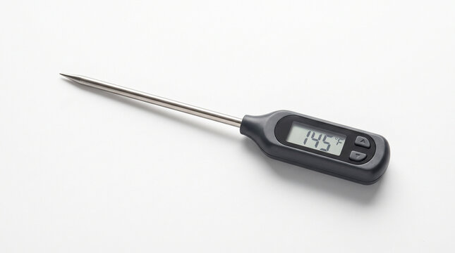 Digital food thermometer with a metal probe showing temperature on a white background.