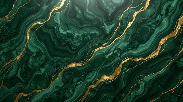 Forest green malachite stone texture with swirling abstract patterns and elegant gold metallic veins across the mineral surface for luxury interior background design wallpaper.