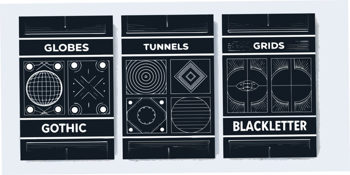 Geometric poster designs with globes tunnels and grids vector illustration