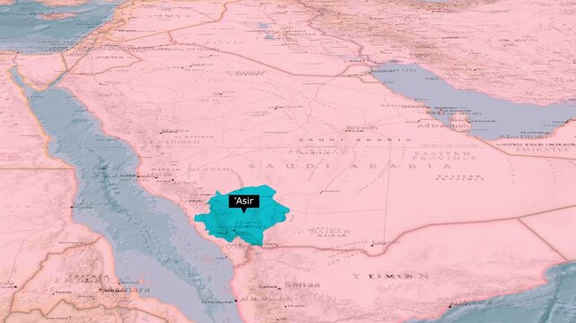 Asir Province Highlighted Blue on Saudi Arabia Political Map Animation Middle East