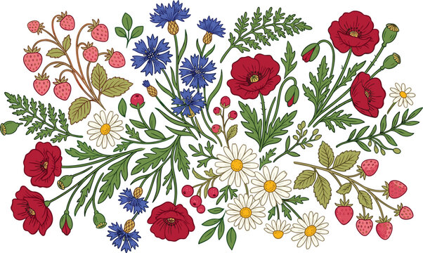Vibrant summer wildflower bouquet vector illustration featuring red poppies blue cornflowers white daisies and wild strawberries branches isolated on white background