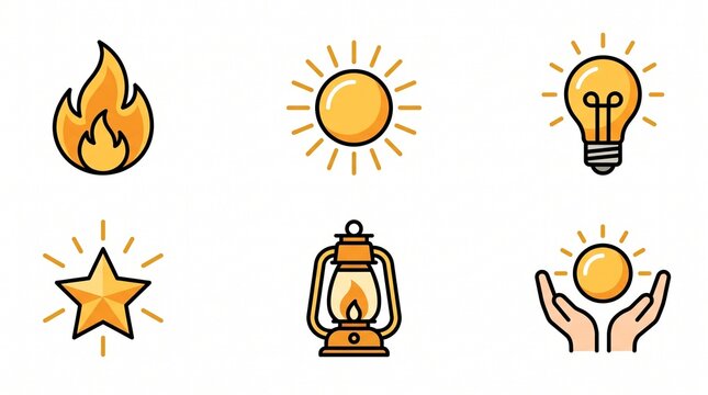 A premium light, energy, and illumination icon collection featuring six modern minimalist vector illustrations arranged in a clean 2&times;3 grid on a pure white background. The collection includes universa