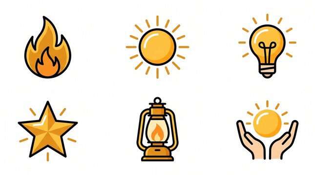 A premium light, energy, and illumination icon collection featuring six modern minimalist vector illustrations arranged in a clean 2&times;3 grid on a pure white background. The collection includes universa