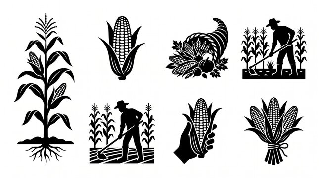 A premium corn, maize, agriculture, and harvest icon collection featuring six modern minimalist vector illustrations arranged in a clean 2&times;3 grid on a pure white background. The collection showcases c