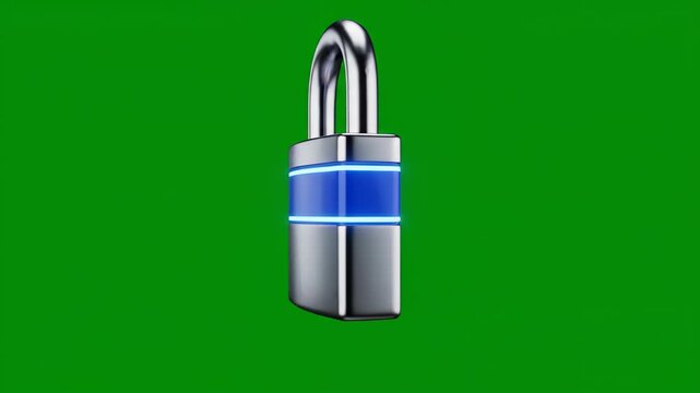 Glowing Cyber Security Padlock Green Screen - Rotating Secure Digital Lock on Chroma Key Background - Network Safety and Corporate Data Privacy Video Asset