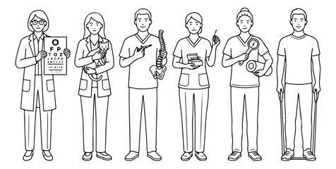 Obraz premium Medical professional line art set, healthcare workers and doctors collection vector, diverse hospital staff characters in outline style