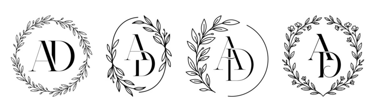 AD Monogram Set with Elegant Botanical Wreath and Floral Initial Letters Vector