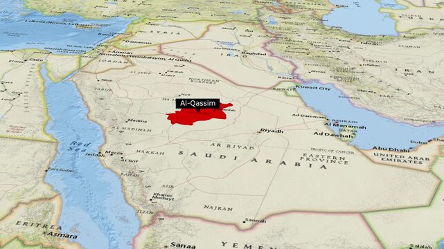Al-Qassim Province Highlighted Red on Saudi Arabia Detailed Political Map Animation