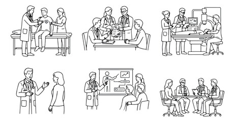 Obraz premium Medical line art vector set of doctors and patients, healthcare professionals in hospital scenes, clinical consultation and surgery illustrations