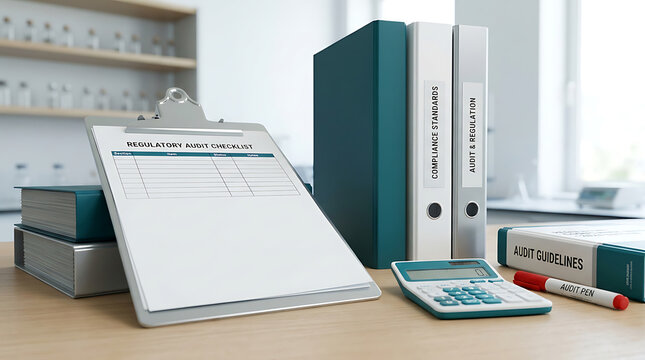 Regulatory audit checklist clipboard template page next to office file binders