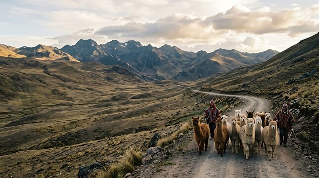 Alpacas being herded on a mountain road in the andes at sunset
