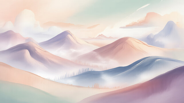 Soft pastel mountains landscape with dreamy sky and subtle clouds