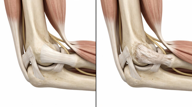 Medical Illustration of Healthy and Damaged Ulnar Collateral Ligament Anatomy in the Human Elbow Joint