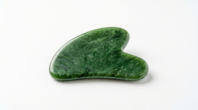 Green jade gua sha tool for facial massage and skincare isolated on white background.