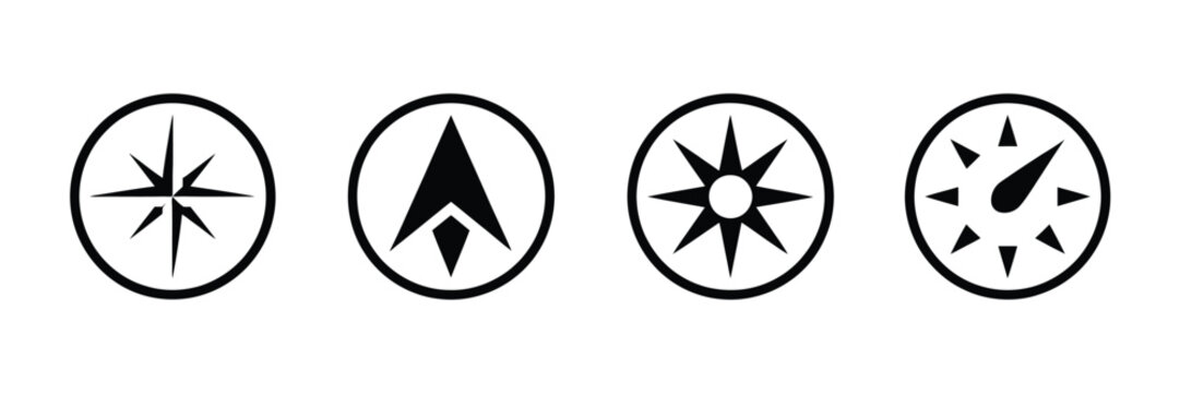 Compass icon in line featuring navigation symbol, outline compass design, and direction marker vector illustration.