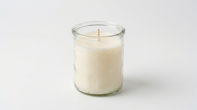 A single white scented candle in a clear glass jar isolated on a white background.