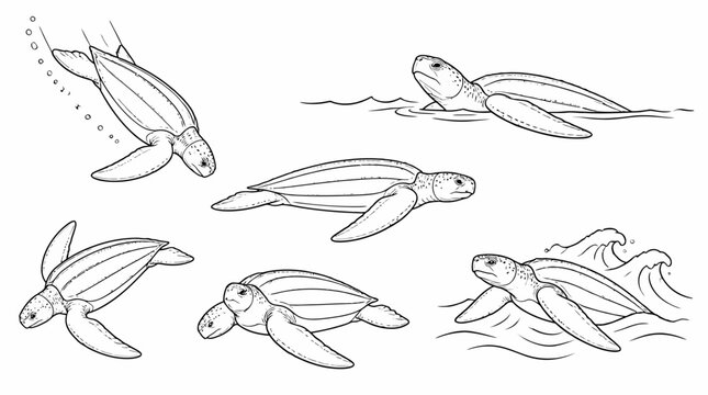 Leatherback Sea Turtle Sketches Set in Various Swimming Poses
