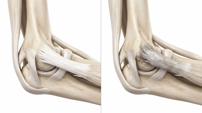 Medical illustration of a healthy versus a torn ulnar collateral ligament in the human elbow joint