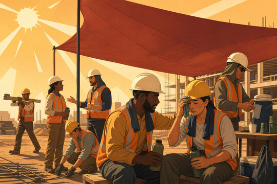 Construction crew working in extreme heat, implementing shade and buddy system for safety and hydration during break