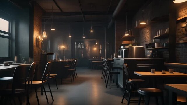 Modern coffee shop interior showcasing industrial decor and warm lighting with slow motion video footage of a quiet morning atmosphere