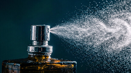 Obraz premium Close up of a perfume bottle spraying a fine mist against a dark background.