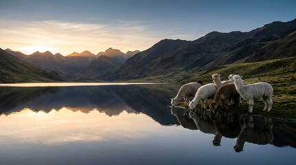 Fototapeta premium Herd of alpacas drinking from a calm mountain lake at sunrise