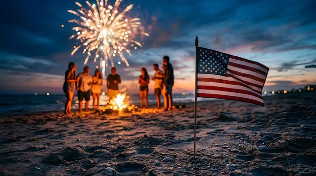 Fourth of july celebration friends gather around a bonfire with fireworks display on beach