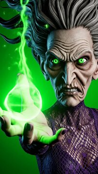 Evil witch holding a glowing green orb.