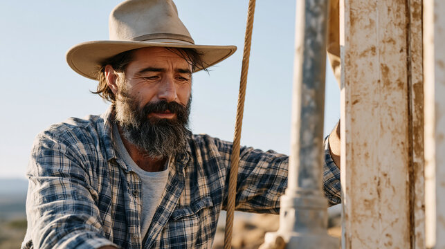 Hydrogeologist lowering a water sampling device on a cable into a deep borehole in an arid field setting, groundwater science career, environmental monitoring, resource