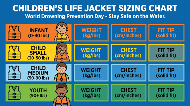 Life Jacket Sizing Chart for Children - Flat Vector Illustration for World Drowning Prevention Day