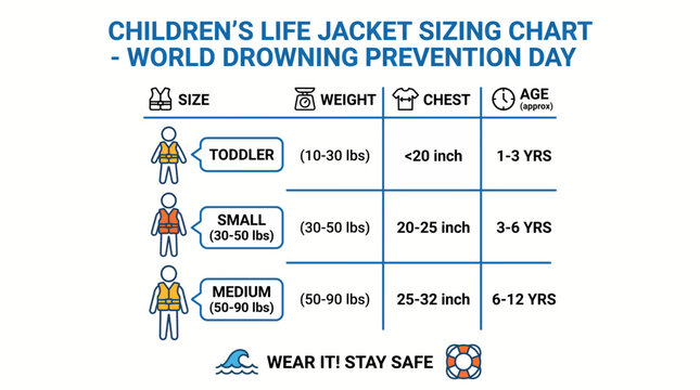 Life Jacket Sizing Chart for Children - Line Icon Design for World Drowning Prevention Day