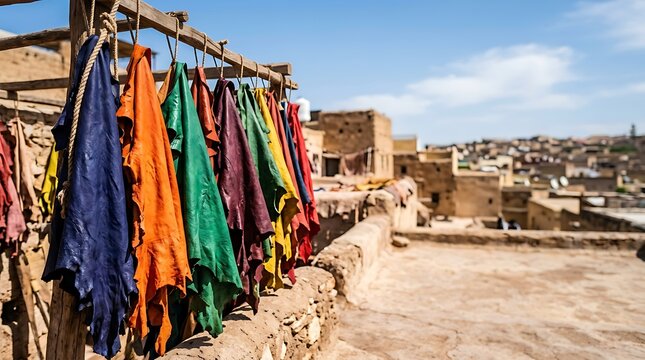 Colorful leather hides hanging to dry in a traditional tannery