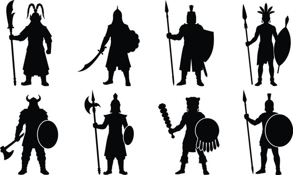 Collection of ancient historical warrior silhouettes from various cultures with traditional weapons and armor on white background