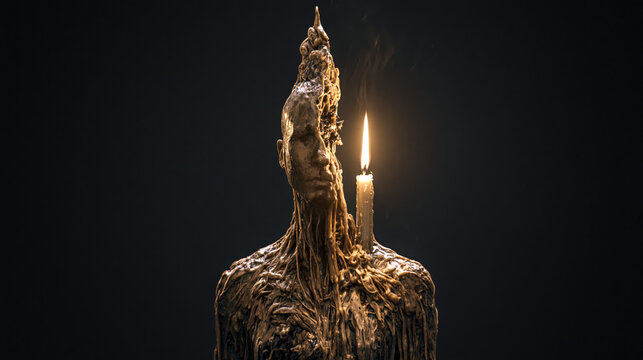Panoramic human figure made of melting candle wax with a fading flame on a dark background, symbolizing burnout, exhaustion, emotional decline, and lost energy