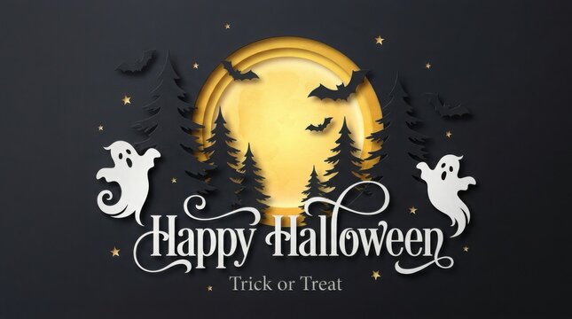 Halloween night with ghosts bats a full moon skeleton