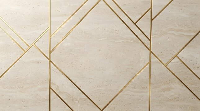 Modern beige travertine stone wall texture with abstract geometric pattern composed of thin gold metal inlays and brass linear strips for luxury interior architectural design.