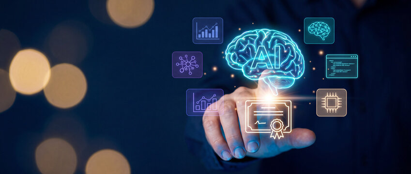 AI certification and machine learning technology shown as a glowing digital brain and certificate icon with neon blue graphics on a dark background, ideal for IT education and training