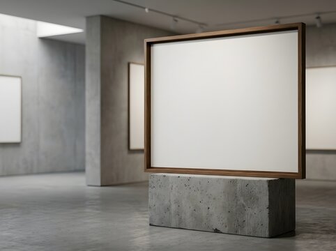 Side angle view of a large horizontal blank frame with dark wood border resting on a rectangular concrete pedestal inside a minimalist modern art gallery with industrial walls.
