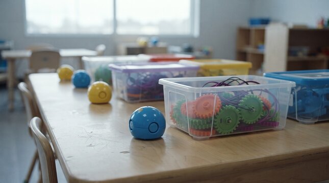 Educational STEM robotics kit on classroom table, programmable spherical robots for kids, colorful plastic gears and learning tools in school