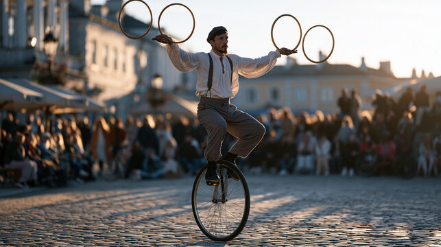Acrobat street performer balanced on a unicycle juggling three rings in a cobblestone pedestrian square, outdoor entertainment, urban busking, physical skill and balance, crowd