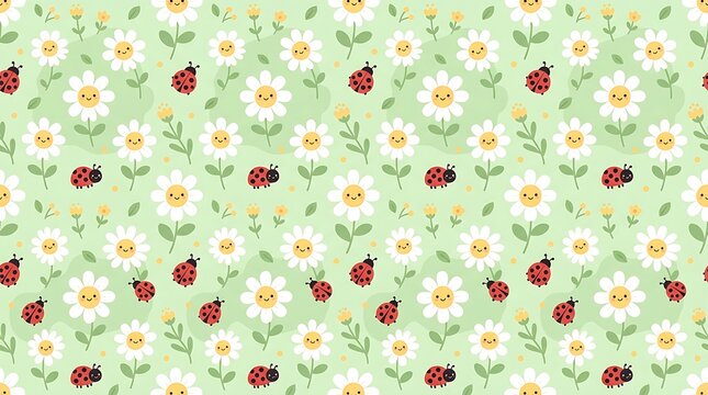 Seamless pattern with cute smiling daisies and ladybugs